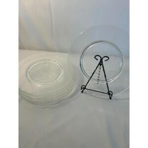 Set of 6 Clear Glass Christmas Plates Embossed Holiday Greetings 10.5" Vintage